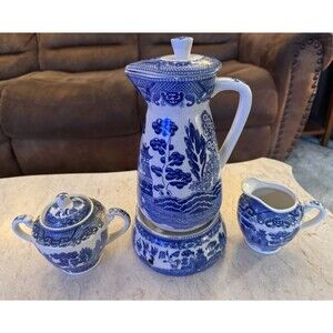 Blue Willow Japan Tea Set 4 Pc Coffeepot, sugar bowl, Creamer, Warmer 1920s